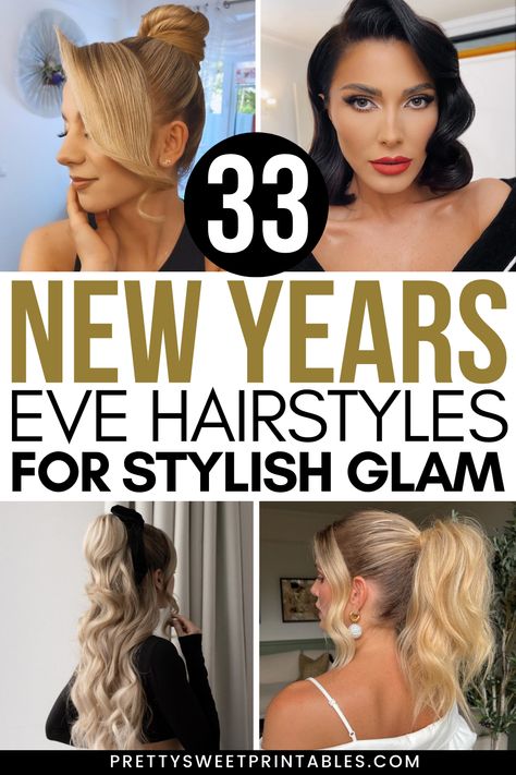 new years eve hairstyles ideas Nye Party Hairstyles, New Years Eve Updo Hairstyles, Hair Styles New Years Eve Night, Makeup Ideas For New Years Eve, Nye Party Makeup, New Year’s Eve Hairstyles Short Hair, Hair Styles For New Years Eve Parties, New Year's Eve Hairstyle, Easy Nye Hairstyles