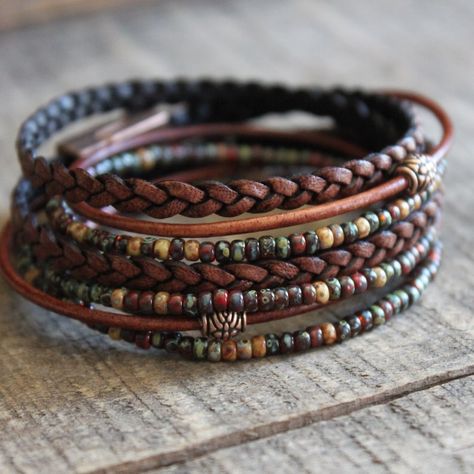 Womens Leather Bracelet, Diy Boho Bracelets, Wrap Bracelet Ideas, Boho Bracelets Hippie Chic, Leather Wrap Bracelet Tutorial, Leather Bead Bracelet, Boho Leather Bracelet, Boho Bracelets Stack, Multi Wrap Bracelet