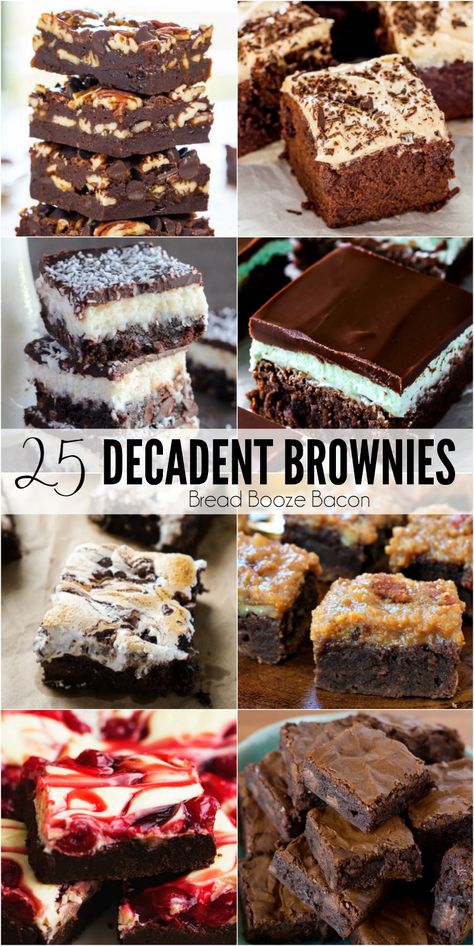 Sometimes I get the worst chocolate cravings & there's nothing I love more to satiate my sweet tooth than these 25 Decadent Brownie Recipes! #BreadBoozeBacon #dessert #chocolate #brownies Doctored Brownie Mix Boxes, Decorated Brownies, Brownie Desserts Recipes, Bread Booze Bacon, Best Brownie Recipe, Brownies Recipe Homemade, Chocolate Brownie Recipe, Brownie Toppings, Brownie Desserts