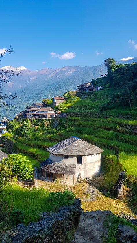 This is Bhujung Village, Lamjung, Nepal. Probably the best place to experience the authentic lifestyle and culture of Nepalese People. Click to read the detail about the place. #bhujung #lamjung #nepal #imfreee #traveldiaries #roundhouse #gurungvillage #nepal #travelnepal #imfreee Himalayas Nepal, Travel Nepal, Nepal Culture, Village Photos, Nepal Travel, Exotic Places, Beautiful Photography Nature, Round House, All Food