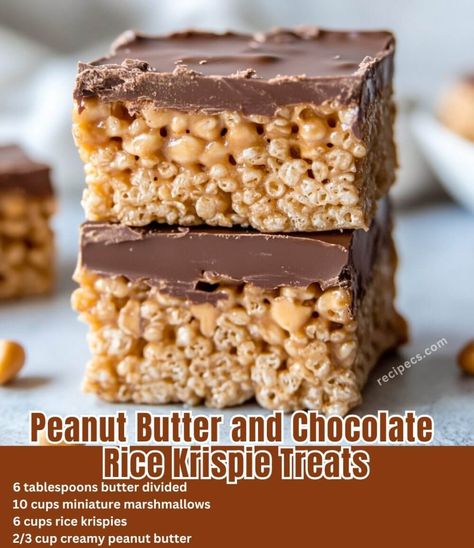 Peanut Butter and Chocolate Rice Krispie Treats is an easy and quick healthy All Recipes keto dinner ideas recipes that you can cook if you like . In Tasty Easy Rice Krispy Treats Recipe, Choc Rice Krispie Treats, Rice Crispy Granola Bars, Fun Rice Crispy Treat Ideas, Rice Krispy Recipes Ideas, Rice Krispie Treat Recipe, Rice Cake Dessert Ideas, Fall Rice Krispie Treats, Rice Krispie Treat Ideas