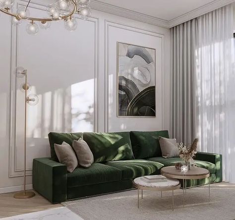 Green Sofa Magic: 34 Vibrant Living Room Ideas to Refresh Your Home - placeideal.com Black Contemporary Living Room, Green Sofa Living, Green Sofa Living Room, Vibrant Living Room, Colourful Living Room Decor, Living Room Decor Inspiration, Green Sofa, Colourful Living Room, Dream Living Rooms