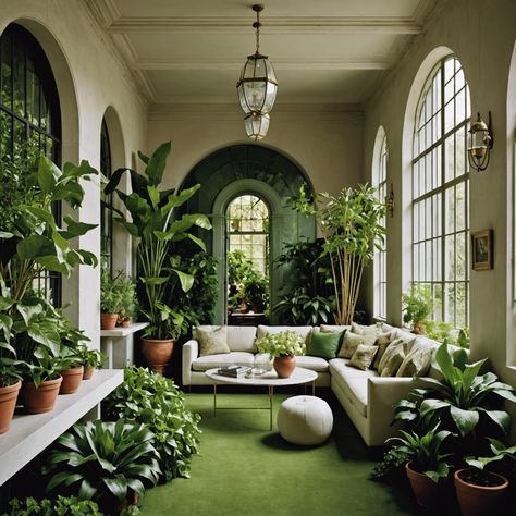 Transform your space into an elegant indoor greenhouse haven with this lush, plant-filled sanctuary. Featuring a harmonious blend of large leafy plants, terracotta pots, and stylish wooden furniture, this indoor garden is perfect for unwinding and reconnecting with nature. The beautiful arched windows and natural light create a serene ambiance, making it an ideal spot for relaxation and rejuvenation. Get inspired to create your own green oasis at home! Nature, Garden Of Eden Interior Design, Veranda Ideas, Atrium Garden, Indoor Tropical Plants, Garden Nook, Green Oasis, Indoor Greenhouse, Leafy Plants