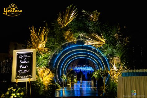 #yellowlanners #weddingideas #decor #details #entryway Neon Sangeet Decor, Sangeet Entry Gate, Sangeet Entry, Sangeet Decor, Event Entrance, Entry Gate, Neon Decor, Wedding Stage Decorations, Entry Gates