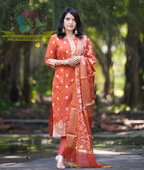 LET'S CELEBRATE FESTIVITIES WITH THE RICHNESS OF BANARASI SILK IN MOST ELEGANT WAY  PARIDHAN BY PRERNA COLLECTION'S EXCLUSIVE  PREMIUM CHANDERI BANARASI SILK KURTI WITH RICH WEAVING ALL OVER  RICH FULL SIZE BANARASI.SILK WEAVED DUPATTA  SILK PANTS  SIZE: 38-40-42-44 Banarasi Kurti Designs Latest, Stitched Kurti, Chudidar Designs, Indian Kurti, New Kurti, Banarasi Dupatta, Silk Pant, Silk Kurti, Neck Designs For Suits