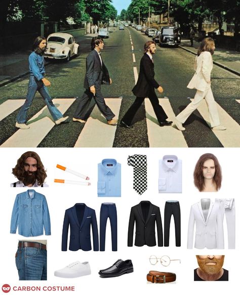 Abbey Road is the eleventh studio album from the Beatles. Released in 1969, the album includes hits such as "Come Together" and Here Comes the Sun." This album cover has become one of the most famous and imitated in music history. In this picture, from left to right: George Harrison, Paul McCartney, Ringo Starr, and John Lennon. Some of the pieces are interchangeable. For instance, Ringo and John both wear white button downs, and George and John both wear white sneakers. George Harrison Costume, Ringo Starr Outfit, The Beatles Costume, Beatles Outfit Ideas, The Beatles Fashion, Beatles Halloween, Beatles Outfits, Road Costume, Beatles Outfit