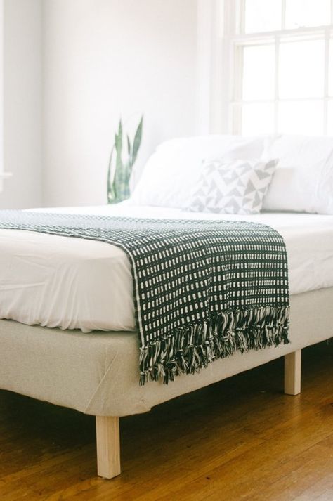 Try This DIY Project!: Turn an Old Box Spring Mattress into Stand Alone Bed Frame — APARTMENT THERAPY READER PROJECT TUTORIALS Diy Box Spring, Box Spring Bed Frame, Boxspring Bed, Box Spring Cover, Scandi Living, Spring Mattress, Slip Covers, Box Spring Bed, Diy Bed Frame