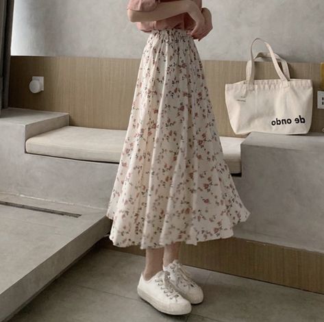 Enpheriado - Elastic Waist Floral Midi A-Line Skirt Cottagecore Skirt, Beach Skirts, Korean Skirt, Skirt Streetwear, Long Skirt Summer, Floral Pleated Skirt, Floral Printing, Rock Outfit, Pleated Long Skirt