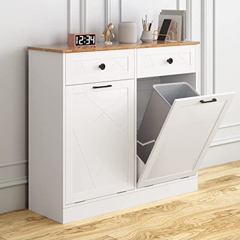 Amazon.com: Vabches Trash Cabinet Double Trash Can, Dog Proof Tilt Out Trash Bin Holder, Hideaway Free Standing Recycling Cabinet with 2 Drawers for Kitchen Living Room White : Industrial & Scientific Double Trash Can, Recycling Cabinet, Hide Trash Cans, Trash Cabinet, Garbage Can Storage, Recycled Kitchen, Recycling Storage, Trash Can Cabinet, Open Cabinets