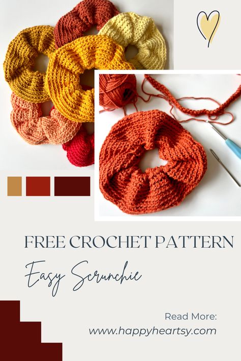 Crochet Scrunchies by Happy Heartsy. Amigurumi Patterns, Easy Crochet Beginners, Simple Useful Crochet Projects, Beginner Crochet Scrunchie, Create Crochet Patterns, Trendy Crochet Accessories, Simple Beginner Crochet Patterns, Crochet Patterns Scrunchies, Very Quick Crochet Projects