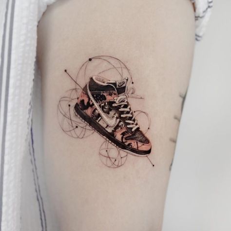 30 Unique Sneaker Tattoo Ideas 4 Sneaker Tattoo Ideas, Sneaker Tattoo, Trash Polka Tattoo, Upper Arm Tattoos, Nike High, Unique Sneakers, Spine Tattoo, Arm Tattoos For Women, Nike Dunk High