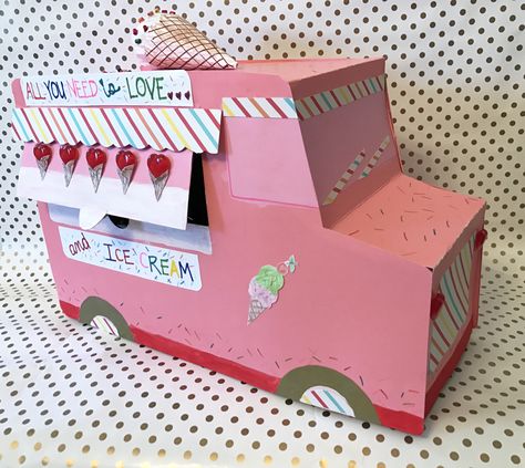 My daughter created this ice cream truck Valentine box & it was a huge hit. Open the cute awning & insert treats! Taco Truck Valentine Box Ideas, Adult Valentine Box Ideas Fun, Toddler Girl Valentine Box Ideas, Girl Valentines Box Ideas, Diy Valentines Mailbox For Kids, Valentines Day Boxes For School For Girl Diy, Toddler Valentines Box Ideas, Ice Cream Truck Valentines Boxes, Food Valentine Box Ideas