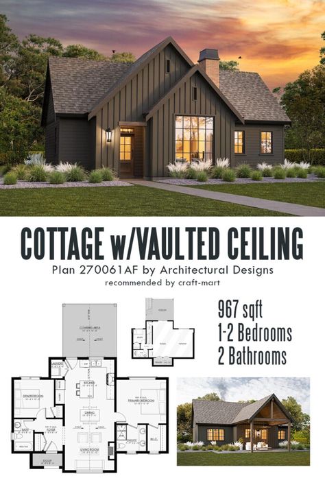 Small House With Vaulted Ceiling, Small House Tall Ceilings, Tiny Home With Library, House Plans That Can Be Added To Later, Large 1 Bedroom House Plans, In Law Cottage Floor Plans, Dream House Plans Small, Small House Big Kitchen Floor Plans, Small Home With Basement