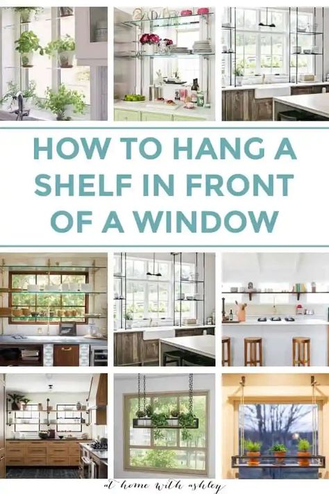 How to hang a shelf in front of windows or glass. This works for storage on open sheling with ideas for hanging shelves or a ceiling rack and is perfect in a kitchen, living room, she shed, or bar. It's great for holding shelves and I share a diy tutorial for how to make one Shelves In Front Of Kitchen Window, Shelf Over Window, Window Shelves For Plants, Diy Window Shelf, Hanging Shelf Kitchen, Window Shelf For Plants, Kitchen Window Shelves, Window Plant Shelf, Plant Window