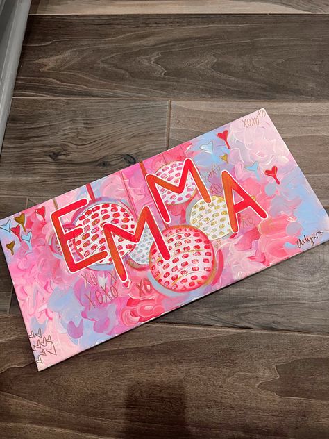 Pink Themed Canvas Painting, Croquis, Figurine, Hot Pink Canvas Paintings, Names Painted On Canvas, Bedroom Paintings Canvas Wall Art Preppy, Cute Dorm Room Paintings, Orange And Pink Painting Ideas, Dorm Wall Pictures