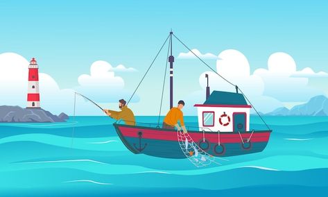 Fish Boat Illustration, Fishing Background, Silhouette Fish, Fishing Silhouette, Ocean Vector, Fishing Illustration, Boat Cartoon, Cartoon Template, Ocean Clipart