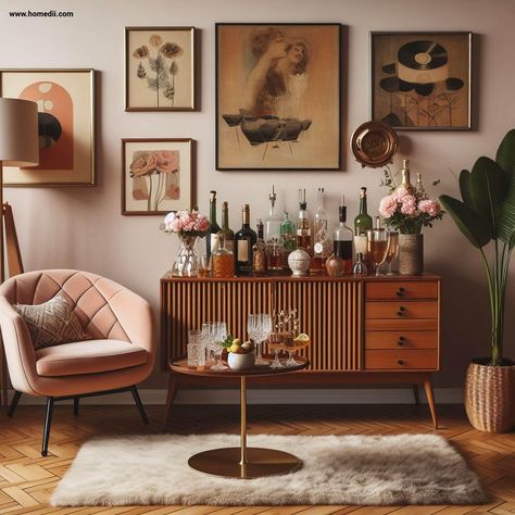 Small Mid Century Living Room - Add A Retro Bar Cart Eclectic Retro Living Room, Living Room Mid Century Modern Cozy, Aesthetic Lighting Living Room, Mid Century Country Living Room, Mcm Art Deco Living Room, Mid Century Modern Bar Area, Mid Century Room Decor, Moody 70s Living Room, 60s Inspired Living Room