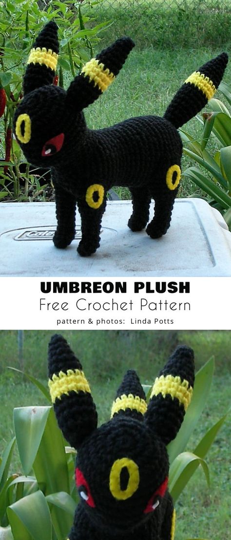 Umbreon Plush Eeveelution Crochet Pattern Free, Slowpoke Crochet Pattern, How To Crochet Pokemon, Sylveon Crochet Pattern Free, Crochet Pokemon Patterns Free, Crochet Umbreon Free Pattern, Umbreon Plush Pattern, Fox Ears Crochet, Umbreon Crochet Pattern Free