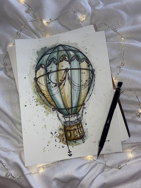 Hot Air Balloon Painting Watercolor, Hot Air Balloons Watercolor, Watercolor Painting On Book Pages, Hot Balloon Drawing, Watercolor Air Balloon, Watercolor And Fineliner Art, Waterpaint Ideas Aesthetic, Hot Air Balloon Drawings, Watercolor Art Ideas Sketchbooks