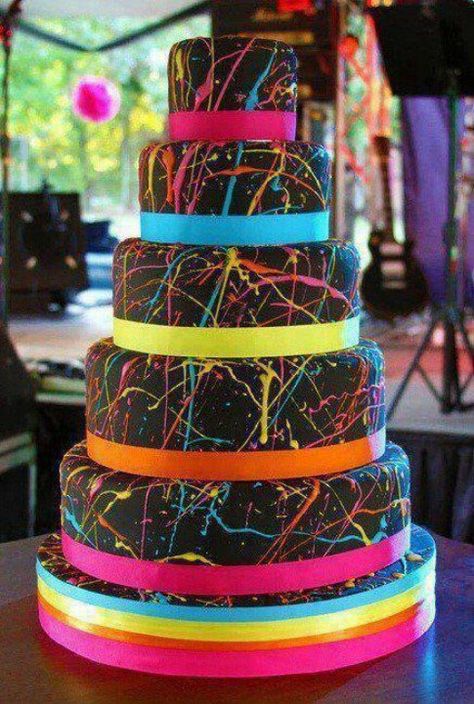 cool cake -- my daughter would love this for her 16th Hello Sweetie, Paint Splatter Cake, Splatter Cake, Honey Chicken Kabobs, Bolo Neon, Neon Cakes, Crazy Wedding Cakes, Sweet Sixteen Cakes, Decoration Patisserie