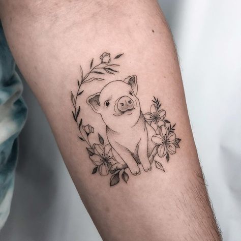 Pig And Flower Tattoo, Pig Line Tattoo, Pig Tattoos For Women, Fine Line Pig Tattoo, Cow And Pig Tattoo, Pig Tattoo Cute, Fine Line Cow Tattoo, Little Pig Tattoo, Vegan Tattoo Minimalist