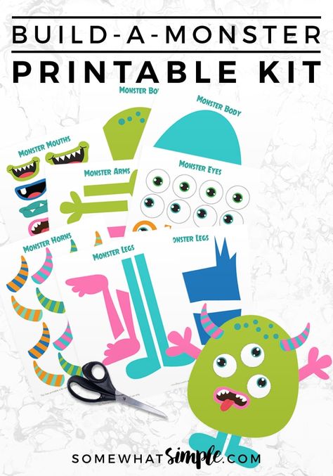 Build A Monster Printable Kit    Looking for something to keep little hands busy? Try this adorable Build A Monster Printable Kit! All you need are office supplies and some imagination! via @somewhatsimple