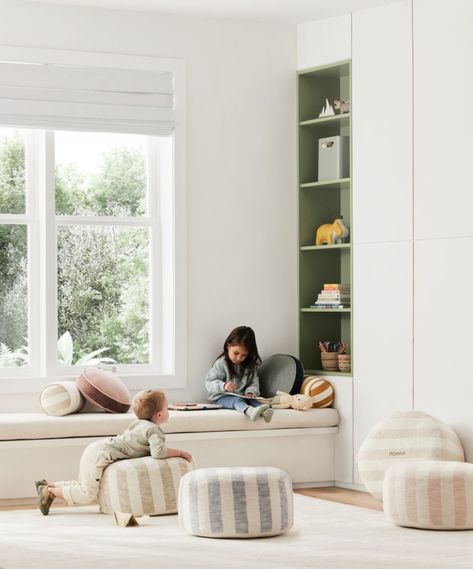 Beautifully crafted of organic cotton slub, our Cove Elegant Pink Striped Floor Cushion is a playroom seat, footrest and decorative object all in one. Its bold Mediterranean-inspired stripe makes a playful style statement in any room. A small-space essential, the floor cushion can be tucked under other furniture until needed, looking sculptural all the while. A handle on the side makes it easy to tote from room to room. Plus, the removable cover is easy to keep fresh and clean thanks to its mach Kids Lounge Chair, Kids Floor Cushions, Striped Floor, Playroom Seating, Living Room Playroom, Kids Flooring, Expandable Dining Table, Toy Rooms, Toddler Room