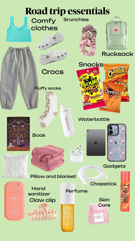 Road trip ✨essentials✨ Road Trip What To Pack, Aesthetic Road Trip Essentials, What To Pack For Carry On Bags, What To Pack For A 8 Hour Road Trip, How To Pack For A 4 Day Trip, Long Car Drive Essentials, What To Pack For Vacation Road Trip, Long Car Rides Essentials, Essentials For Road Trip