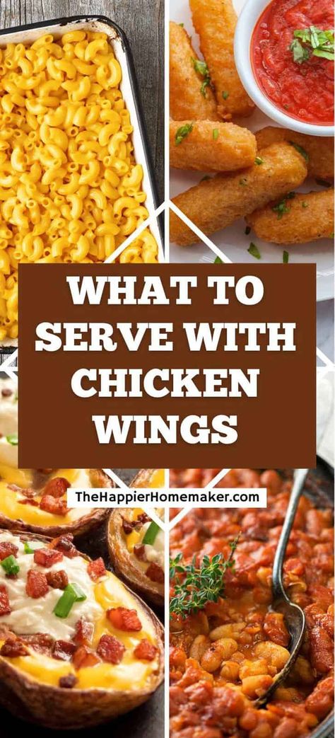 Wondering what to serve with chicken wings? These tasty sides go perfectly with this game day classic! Food To Go With Wings, Wing Party Sides, Chicken Wing Dinner Ideas Sides, Side Dishes With Wings, Chicken Wing Sides Dishes, Sides For Wings Chicken, Chicken Wings Meal Sides, Chicken Wing Meals Sides, Sides With Chicken Wings