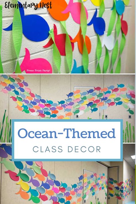 Ocean Decor For Classroom, Classroom Ocean Theme Decorations, Ocean School Decorations, Fish Themed Preschool Classroom, Beach Decor Classroom Ocean Themes, Kindergarten Classroom Ocean Theme, Crafts To Hang From Ceiling Classroom, Ocean Theme Kindergarten Classroom, Ocean Classroom Decorations