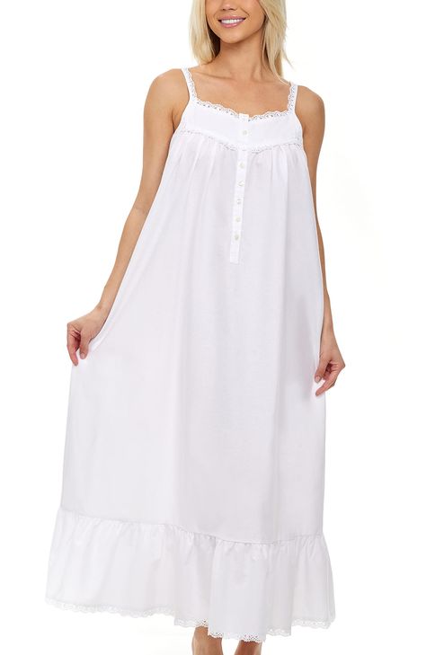 PRICES MAY VARY. 100% Cotton Imported Pull On closure Machine Wash PRE-SHRUNK 100% COTTON FABRIC - Enjoy the comfort of this vintage style nightgown made from our premium 100% cotton poplin fabric. All of our cotton is pre-shrunk so that you never have to worry about your garment shrinking in the wash. Narrow cotton lace trimmed shoulder straps. Gathered front with long narrow placket with 8 pearl shell buttons. Back is also gathered flowing into a slight A-line. Gown features wide ruffles; hem Lace, Vintage Night Dress, Long Night Dress, Victorian Nightgown, Long Night, Dress White, Night Dress, Button Up, Alexander