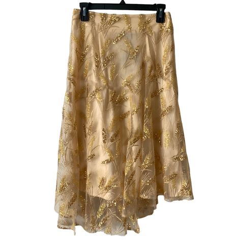 Brand New Tag - This Is A Sales Sample - Never Worn A Tiered Asymmetric Skirt With Lots Of Swing In This Divinely Feminine Cottage Under Slip In A Soft Nude To Ground The Lightweight Tulle Embellished With Golden Embroidered Details Throughout. Fully Lined Polyester Hidden Side Zip Golden Embroidered And Mini Sequin Details Made In Usa Measurements Laying Flat (Approximately) 14’ Waist 26” Shorter Length 32” Longer Length Special Occasion, Wedding Guest, Bridal Shower, Graduation, Holiday Party, Gold Wrap Skirt, Long Gold Skirt, Divinely Feminine, Feminine Cottage, Gold Skirts, Award Event, Handkerchief Hem Skirt, Party New Year, Asymmetrical Midi Skirt