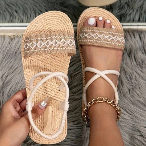 Women Geometric Tropical Woven Sandals, Fashionable Open Flat Sandals Summer Minimalist, Summer Footwear, Beige Sandals, Sandy Shores, Woven Sandals, Womens Sandals Summer, Fashion Forever, Stylish Sandals, Strappy Wedges