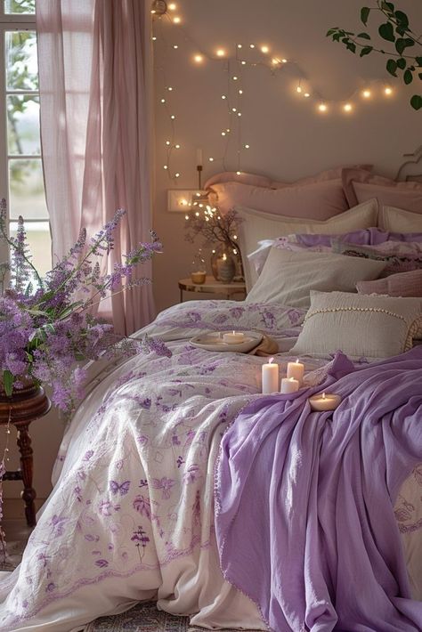 Soft Purple Bedroom, Purple Cozy Bedroom, Boho Bedroom Purple, Pink And Lavender Bedroom, Lavender And Gray Bedroom, Lavender And Grey Bedroom Ideas, Lavender Apartment, Lavender Bedrooms, Lavender Boho Bedroom