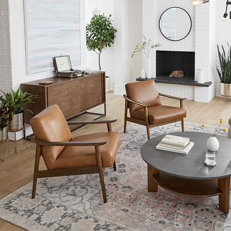 Living Room Chairs Ideas Modern, Living Room With 4 Accent Chairs, Two Chairs And Coffee Table, 2 Leather Chairs In Living Room, Mid Century Modern Sitting Room Ideas, Cognac Chairs Living Rooms, Sitting Room Mid Century Modern, Midcentury Modern Arm Chair, 4 Accent Chairs Living Room