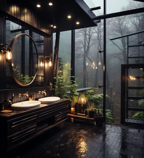 Black Bathroom Floor Tiles, Dark Modern House, Black Bathroom Floor, Dream House In The Woods, Girl Bad, Bed Interior, Dark Modern, Gray Bathroom Decor, Dark House