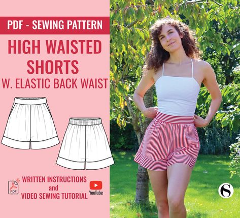 HIGH WAISTED SHORTS W. Elastic Waistband in the Back / - Etsy Australia Couture, High Waisted Shorts Pattern Free, Summer Sewing Patterns Free, Free Sewing Patterns For Beginners Clothes, High Waisted Shorts Pattern, Boxer Shorts Pattern, Backpack Sewing Pattern, Summer Sewing Patterns, Shorts Sewing Pattern