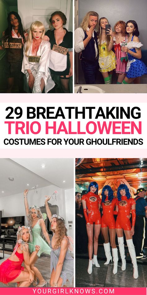 Stop searching and start celebrating in style this Halloween with these 29 hottest trio costumes. Perfect for you and your friends, show off your creativity at any party or event! Don't wait, dress up your squad with these unique ideas now! Trio Fancy Dress Ideas, Three Friends Halloween Costumes, Trio Womens Halloween Costumes, Halloween Customes For Trios, Trio Cute Halloween Costumes, Groups Of Three Halloween Costumes, Three Friend Costume Ideas, Women Trio Halloween Costumes, Trio Fancy Dress