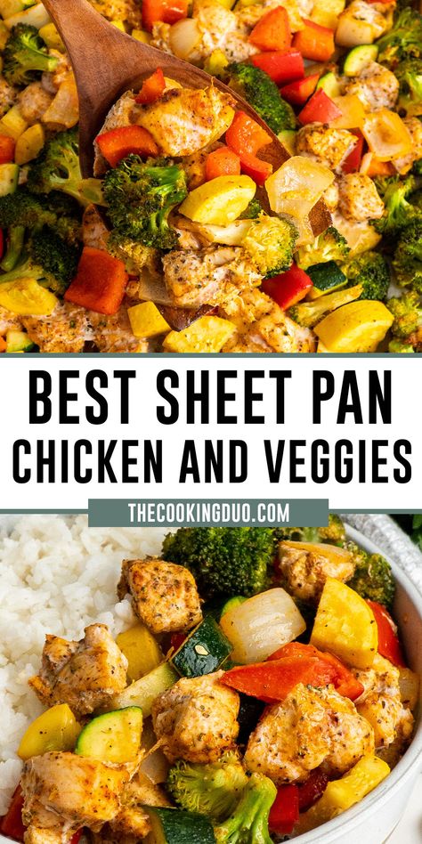 Close-up of sheet pan chicken and veggies over a bowl of rice. Sheet Pan Chicken And Veggies, Pan Chicken And Veggies, Chicken And Veggie Recipes, Chicken And Veggies, Sheet Pan Chicken, Sheet Pan Suppers, Sheet Pan Dinners Recipes, Zucchini Squash, Pan Chicken