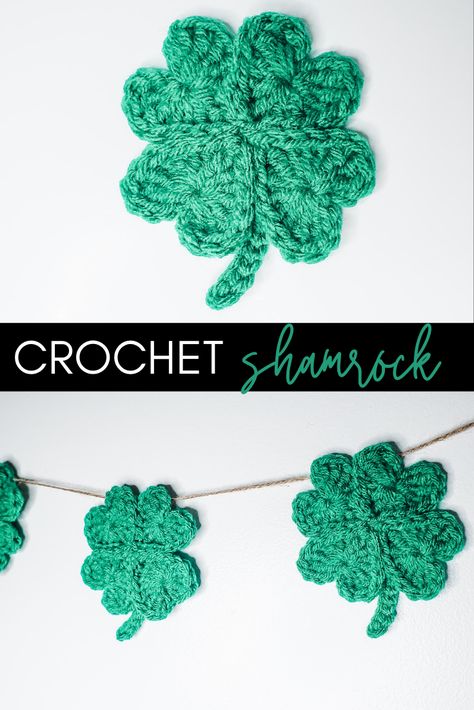 Crochet Shamrock, Shamrock Garland, Large Crochet Hooks, St Patricks Crafts, Crochet Applique Patterns Free, Crochet Clover, Crochet Garland, Crochet Goodies, Crochet Blog