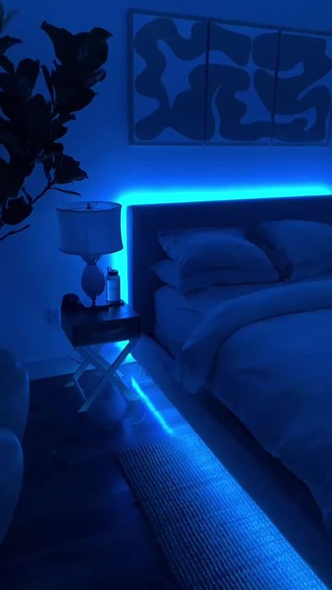 Rgb Strip Lights, Room Aesthetic Dark, Dark Blue Rooms, Teenage Boy Room, Neon Bedroom, Led Lighting Bedroom, Boy Bedroom Design, Neon Room, Bedroom Setup