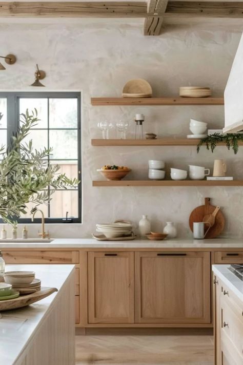 Industrial Earthy Kitchen, Short Floating Shelves Kitchen, Tulum Inspired Interior Design, Natural Wood Shaker Cabinets Kitchen, Natural Kitchen Backsplash, Warm Cabinets Kitchen, 2024 Kitchen Inspiration, Small G Shaped Kitchen, White Oak And White Kitchen Cabinets