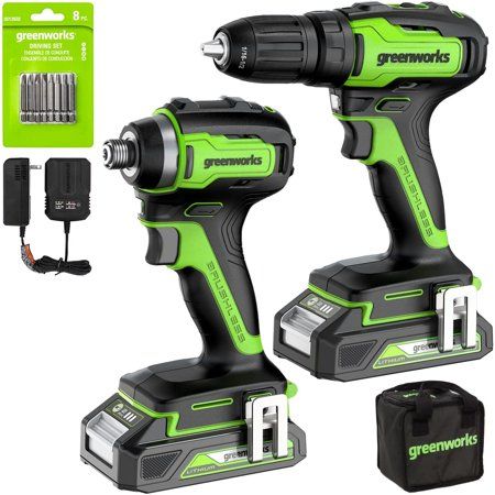 This Greenworks 24V combo kit is packed with power and unprecedented performance. The 1/2-inch drill/driver delivers 310in./lbs. of torque with variable speed settings for ultimate control. The 1/4-inch impact driver provides 1900in./lbs. of torque and features a variable speed trigger. Premium brushless motors allow for higher efficiency, longer runtime, and extended motor life. The included Greenworks 24V Lithium-ion battery powers 100+ tools. The 24V battery delivers fade-free power with no m Battery Drill, Portable Air Compressor, Cordless Power Tools, Impact Driver, Drill Driver, Combo Kit, Led Work Light, Cordless Drill, Tool Bag