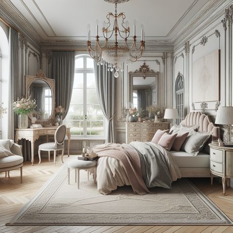 The room should include key elements such as a plush and inviting bed with linen or velvet bedding, an ornate vintage chandelier, and large French windows that let in ample natural light. The color scheme should be a blend of neutral tones with pops of pastel accents. Elegant, distressed furniture, typically found in French interiors, is must. A vintage rug on the floor and a delicate, feminine vanity table would add on to the aesthetic. Use this image as inspiration for a bedroom remodel. Classic Bedrooms Elegant, Bedroom Design Victorian, French Country Interior Design Bedroom, French House Aesthetic Interior, Rich Aesthetic Bedroom, French Chateau Interiors Bedrooms, Royal Bedroom Interior, French Chateau Living Room, French Inspired Bedroom Decor