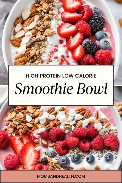 Enhance your breakfast or snack routine with our High-Protein, Low-Calorie Smoothie Bowl! Packed with frozen raspberries, strawberries, almond milk, and fat-free, unsweetened yogurt, it's a delicious way to support your health and fitness goals. Customize with your favorite toppings and enjoy guilt-free indulgence. 🌱🍓 #HealthyRecipes #SmoothieBowl #HighProtein #LowCalorie #Nutrition High Protein Low Calorie Smoothies, Protein Breakfast Smoothies, Low Calorie Smoothie Bowl, High Protein Low Fat Snacks, Yogurt Protein Smoothie, Low Calorie Smoothie, Protein Smoothie Bowl Recipe, High Protein Breakfast Smoothies, Low Calorie High Protein Snacks