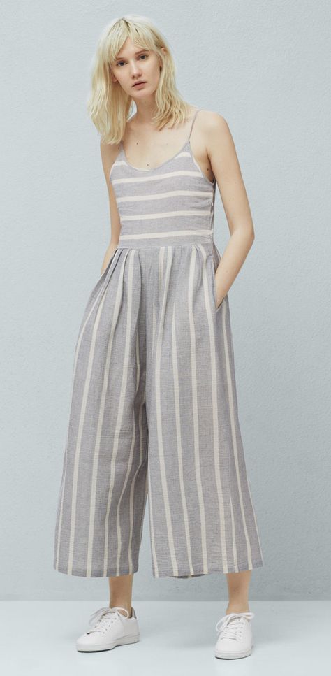 Stripes make jumpsuits even more fun and comfortable. Dress Sneakers, Trendy Sewing, Jumpsuit Outfit, Cotton Jumpsuit, Overalls Women, One Piece Suit, Lovely Dresses, White Sneakers, Sewing Dresses