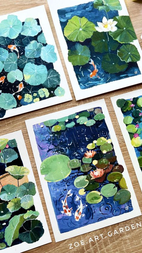 Gauche Painting, Koi Fish Art, Gouche Painting, Lotus Painting, Water Lily Pond, Stone Art Painting, Lotus Pond, Posca Art, Art & Craft Paint