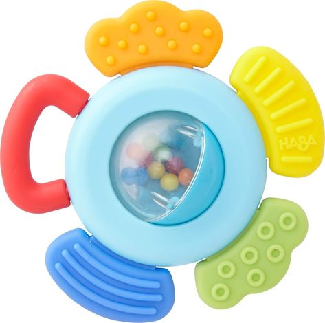 PRICES MAY VARY. This brightly colored teether rattles delightfully with a spinning ball filled with beads in the center. Features 4 teething elements with different textures to provide oral stimulation and relax the jaw muscles for teething The red handle promotes clutching and two-handed play. Measures 4" in diameter and is suitable for babies ages 6 months and up. Made from silicone and plastic, this toy is dishwasher safe and can also be refrigerated to soothe sore baby gums. At HABA, childr Jaw Muscles, Baby Gums, Plastic Babies, Custom Wraps, Custom Gift Wrapping, Silicone Teether, Baby Gift Box, Boy Onesie, Baby Teethers