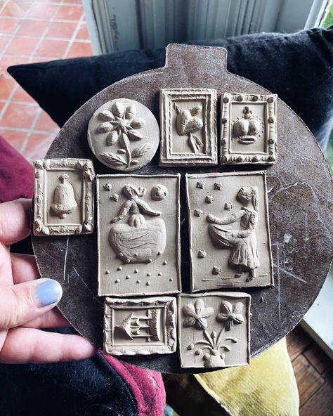 Pottery ceramic clay tiles with a vintage folk feel by Forgotten Fern Folk Art Tiles, Air Dry Clay Wall Art Ideas, Folk Art Pottery, Air Dry Clay Tiles, Clay Tiles Designs, Clay Relief Tiles, Handmade Tiles Ceramic, Hilke Macintyre, Clay Wall Decor