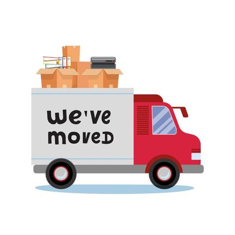 Moving truck and cardboard boxes. Moving Office stuff. Transport company. Trusk side veiw with lettering quote We ve moved. Vector cartoon style illustration Moving Truck Illustration, Anime Bedroom, Moving Van, محمد علي, الإمارات العربية المتحدة, Moving Truck, Personal Progress, Moving Home, Transport Companies